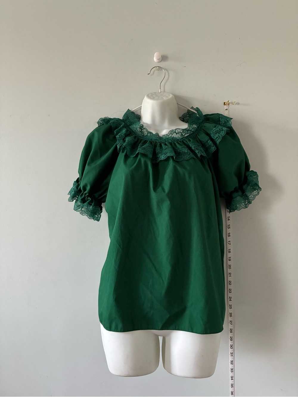 Vintage Lace-Trim Emerald Puff Sleeve Blouse - Women Sz. Medium
